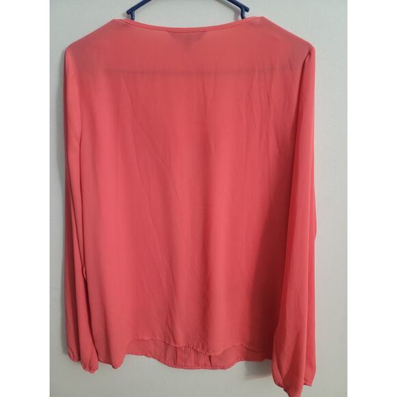 Express Women's Sheer Polyester Scoop Neck Bright Coral Blouse Shirt Size L - Picture 2 of 4